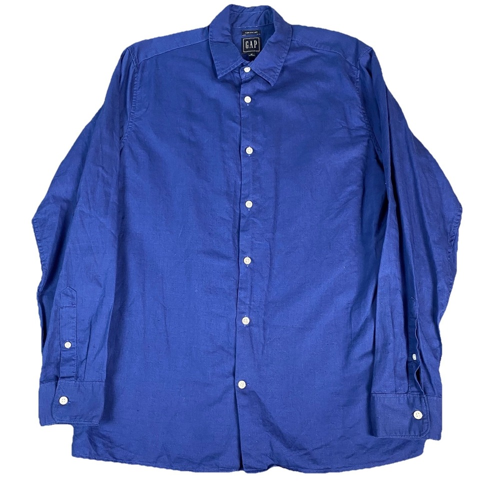 Vintage Gap Mens 100% Linen‎ Button Down Shirt M Blue 90s Oversized Pocket